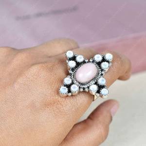 Handmade Pink Opal White Pearl Sterling Silver <b>Adjustable</b> <b>Ring</b> Natural Gemstone Jewelry for Women Wholesale - Product Image 4