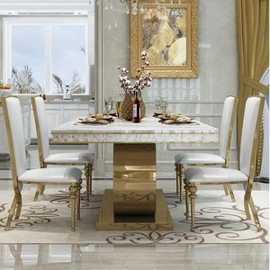 Juego de sillas y mesas de comedor de lujo modernas, plato de roca dorada ligera en acero inoxidable, Villa posmoderna para el hogar, <span class=keywords><strong>mesa</strong></span> grande de mármol - Product Image 3