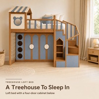 Lit mezzanine pour enfants en bois massif avec escalier, design cabane, fenêtre ronde à oreilles d'ours, portes d'armoire cintrées, barrières de sécurité et tiroirs