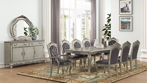 Juego de Comedor Americano de Lujo en Madera Plateada - Mesa Rectangular, 8 Sillas Tapizadas, Aparador con Tallados Ornamentales, Espejo Antiguo - Product Image 2