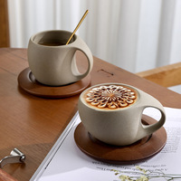 Mug à café créatif rétro en poterie rustique avec soucoupe en bois 250ml/300ml, compatible lave-vaisselle, pour boissons chaudes, idéal pour les cadeaux et l'usage au bureau