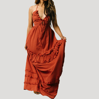 Robes de demoiselle d'honneur longues bohèmes en lin et coton, taille unique, à col halter, à encolure en V, à nouer dans le dos, à volants, couleur orange brûlé, 2026