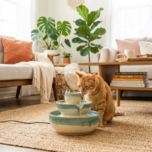 Fontaine à eau pour chat en céramique unique, distributeur d'eau automatique électrique pour animaux de compagnie avec filtre, abreuvoir pour animaux de compagnie avec pompe silencieuse - Product Image 1