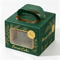 Boîte à gâteau alimentaire jetable personnalisée avec logo, fenêtre et poignée, finition mate, forme sur mesure, en carton rigide recyclable
