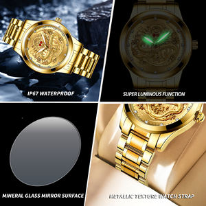 Luxury Fngeen Embossed Golden Dragon Stainless Steel Men's Quartz Movement <b>Waterproof</b> Quartz Wrist <b>Watch</b> Diamond-encrusted Red - Product Image 6