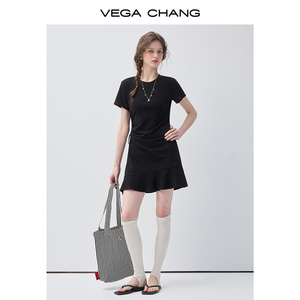 Vestido Corto Negro <span class=keywords><strong>de</strong></span> Punto VEGA CHANG con Cuello Redondo, Cintura Fruncida con Lazo y Dobladillo con Volantes <span class=keywords><strong>para</strong></span> <span class=keywords><strong>Mujer</strong></span> - Product Image 3
