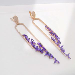 Boucles d'oreilles pendantes grandes en argent 925 plaqué or, motif aile de papillon, zircon violet, perle, pour femme, idéales pour mariage ou soirée, prix usine - Product Image 5