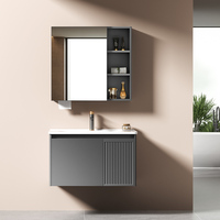 Conjunto de Mueble de Baño Minimalista con Lavabo de Cerámica Gris, Espejo Inteligente, Resistente al Agua y a la Humedad, para Uso en Hoteles, 5 Años de Garantía