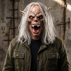 Masque en latex amusant et original, monstre à visage complet avec yeux jaunes lumineux, crocs pointus et longs cheveux argentés pour Halloween Cosplay - Tendance - Product Image 3