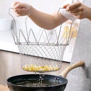 304 <b>Stainless</b> <b>Steel</b> Foldable Fry Basket French Chef Kitchen Cooking Tool Steam Rinse Strain Feature for French Fries Straining - Product Image 1
