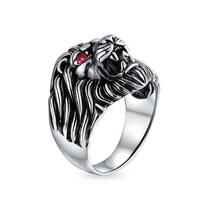 Sun Star BL-67 Bague Puissante Tête de Lion Massif Plaqué Argent Style Punk Yeux en Zircon Homme Unisexe Taille Ajustable Usage Quotidien