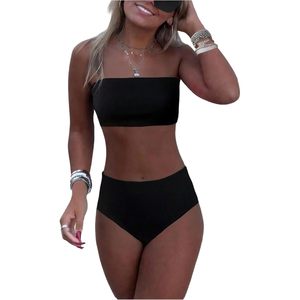 FOXA Women's 2 Piece Bikini Ribbed Bandeau Top High Waisted Panties Summer Swimwear Stretch Spandex Nylon - Product Image 1
