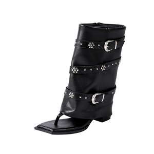 Sandales ouvertes pour femmes de haute qualité en gros avec boucle de ceinture à rivets, bottines courtes, bottines à bout carré et chaussures pour femmes - Product Image 6