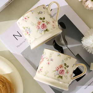 แก้วกาแฟเซรามิควินเทจลายดอกไม้สไตล์ยุโรป 290 มล. ทาสีทอง สำหรับดื่มน้ำชายามบ่าย อาหารเช้าที่บ้าน ของขวัญทางธุรกิจ ใส่นม ปลอดภัยสำหรับอาหาร - Product Image 5