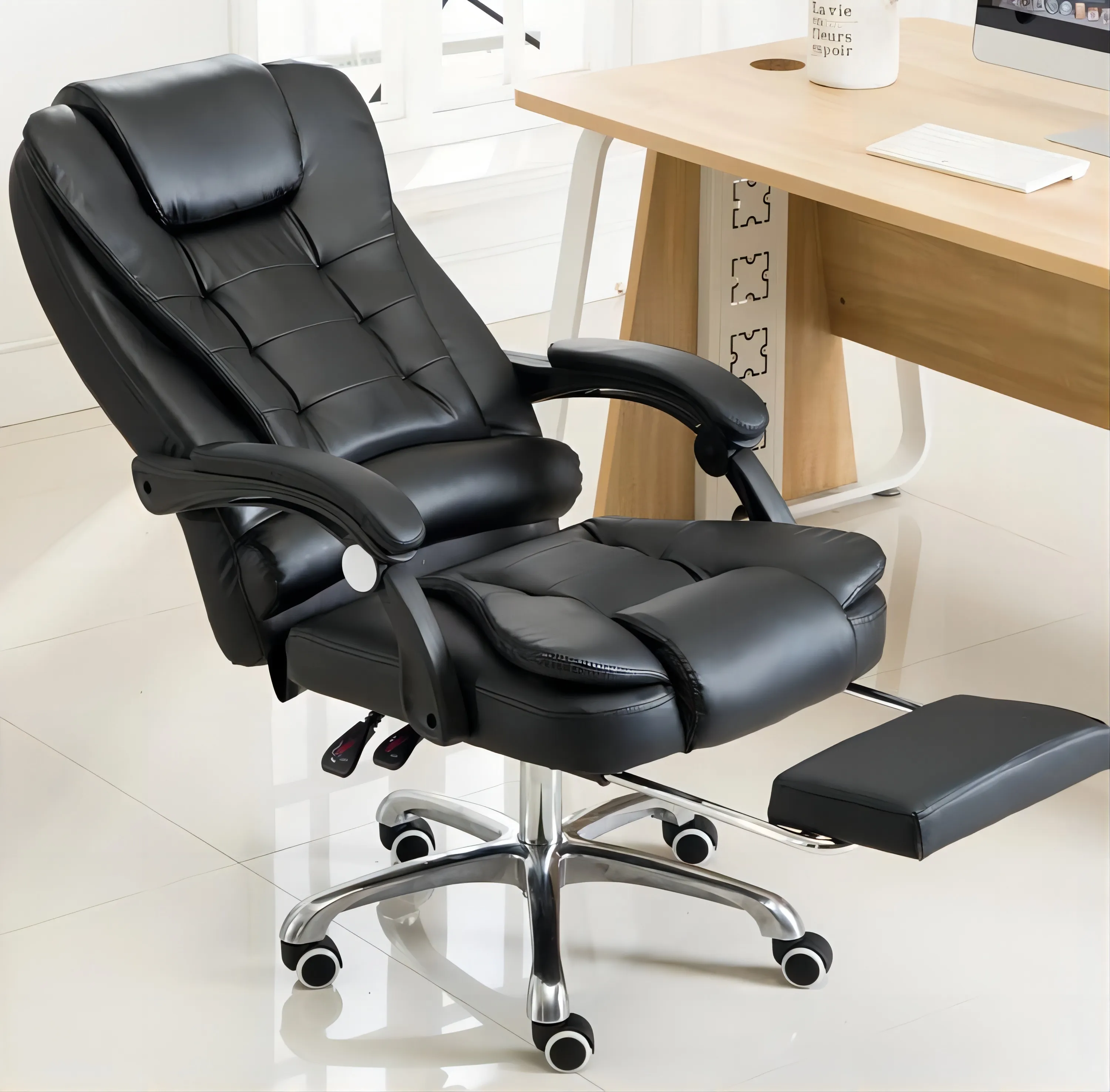 Cadeira giratória moderna para escritório executivo, cadeira giratória em couro PU com pernas cromadas, tecido de malha, estrutura de metal PP