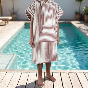 Poncho de plage à capuche en tissu éponge rayé en coton écologique pour adulte, serviette de bain rectangulaire tissée, robe de change - Product Image 2