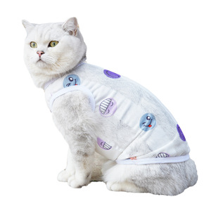 Chaleco Antidesprendimiento para Gatos, Malla Fina de Verano, Blanco con Diseño de Cara Sonriente Morada y Rosa, para Gatos Británicos de Pelo Corto, Ragdoll y Gatos Azules - Product Image 5