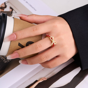 <b>Red</b> String <b>Bow</b> Open Ring Micro Pave Zirconia Adjustable Index Finger Ring For Women - Product Image 2