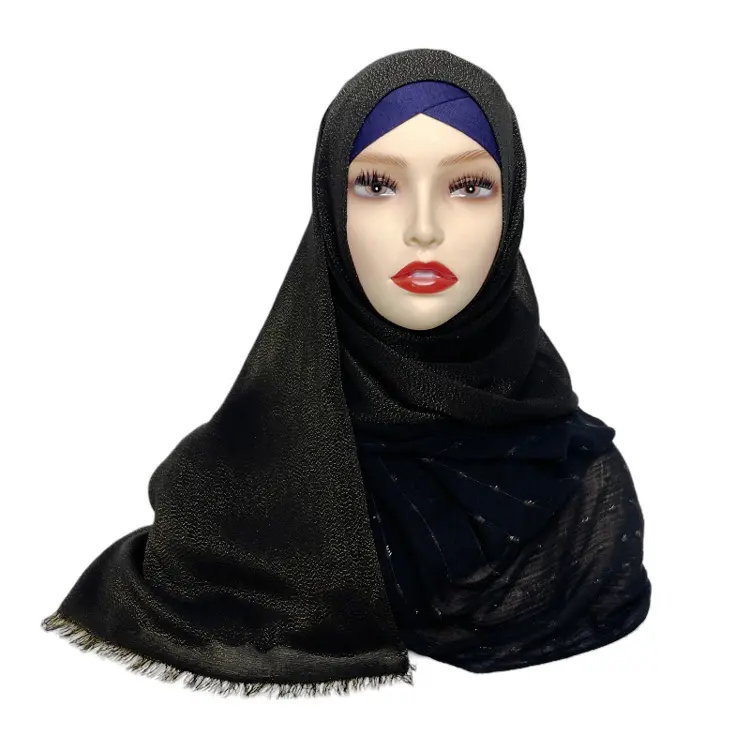 RTS Wholesale Customized Islamic Black Solid color sort Viscose Hijab Golden shimmery scarf jersey shawl Muslim Women dubai