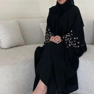 Của Phụ Nữ Quần Áo Ramadan Eid Đen Sang Trọng 3D Hoa Thêu Thời Trang 2 Mảnh Abaya Set Với Hijab