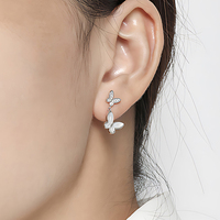 Boucles d'oreilles pendantes double papillon avec zircon coquillage pour femmes, boucles d'oreilles de créateur, bijoux fins en argent sterling 925 personnalisés