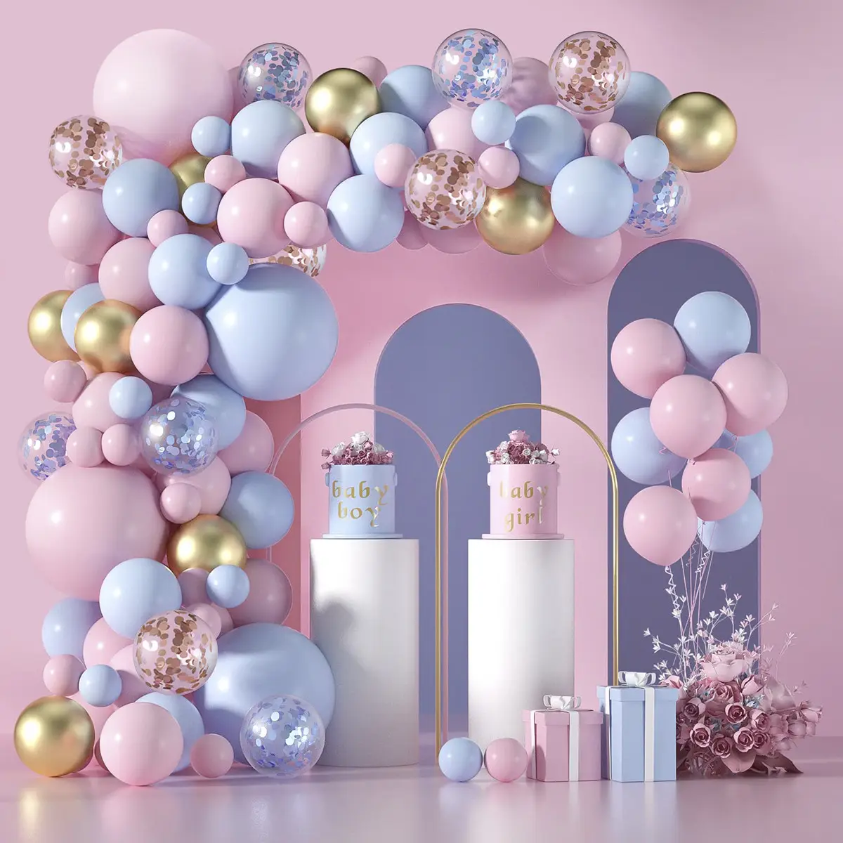 Blue Pink And Confetti Balloon Garland Kit Gold Metallic Balloons Macaron Latex Balloon For Gender Reveal Party Decorations