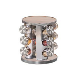 Rack en bois réservoir d'assaisonnement rotatif en acier inoxydable 430 avec design en bois ensemble de réservoirs d'assaisonnement 12 têtes/16 têtes/20 têtes - Product Image 1