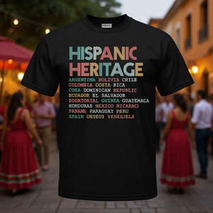 Camiseta con tipografía de países de la herencia hispana, color negro, unisex, talla para adultos - Product Image 3