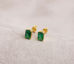 Vintage Natural <b>Emerald</b> 6x4mm Baguette Cut Stud <b>Earrings</b> in 14K Yellow <b>Gold</b> | Genuine <b>Emerald</b> Gemstone Wedding <b>Earrings</b> - Product Image 5