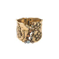Bracelet manchette large style bohème pour femme, en alliage de zinc, doré antique, avec motifs floraux en relief et pierres colorées, à charnière, bijou de caractère