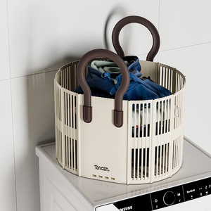 Toncen Foldable Laundry <b>Basket</b> Round Creamy White <b>With</b> <b>Handles</b> For Clothes Storage - Product Image 1