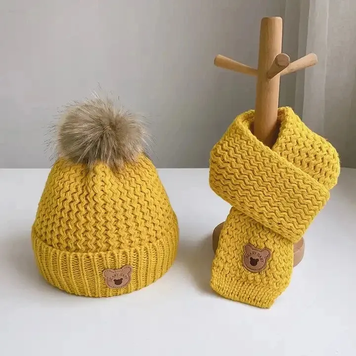 I-0042ベビーハットスカーフセットかわいいクマ暖かいニット冬の帽子キャップボンネット幼児幼児キッズハットボーイズガールズかぎ針編みビーニー