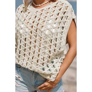 Top de Ganchillo Tejido Calado Color Caqui, Sin Mangas, Transparente, Estilo Abstracto y Fresco para Resort, Venta al por Mayor - Product Image 3