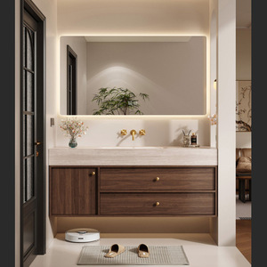 Mueble de baño estilo medieval con lavabo integrado de pizarra curvada y calentada, lavabo con soporte. - Product Image 1