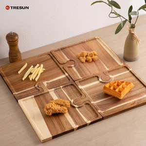 Juego de 4 piezas de madera de acacia pulida y duradera: Base de almacenamiento para platos tipo rompecabezas, bandeja para copas de vino con asa, plato para pizza, tabla de cortar sólida y bandeja para filetes - Product Image 6
