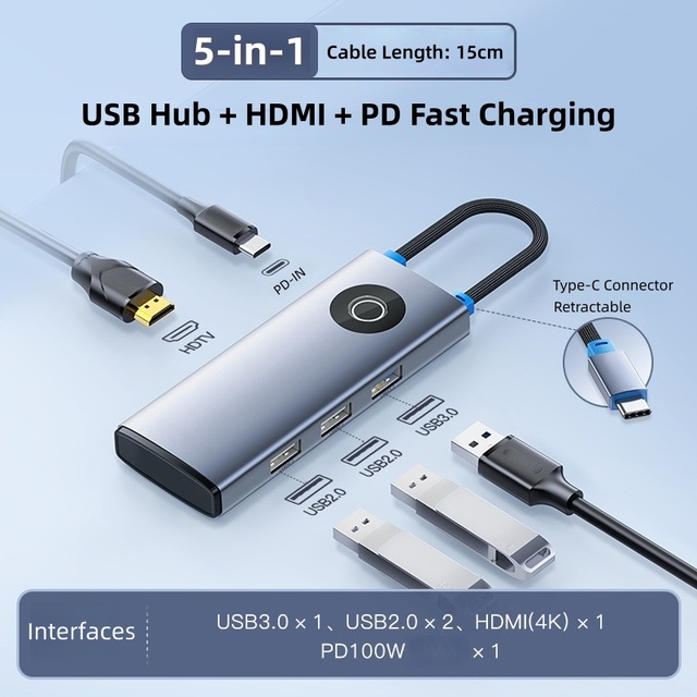 5-in-1 USB-C Multiport Adapter Retractable Connector 4K 2.0 PD 100W Fast Charging USB 3.0 Hub Aluminum Docking Station Stock
