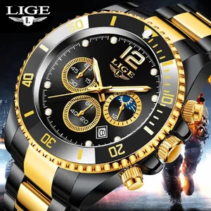 Часы наручные LIGE мужские Кварцевые водонепроницаемые, люксовые повседневные спортивные с хронографом и коробкой, из нержавеющей стали, с Лунной фазой, 24 часа в сутки, 8924