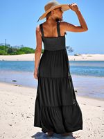 Robe d'été décontractée longue sans manches à col carré fluide et étagé pour femme, lavable, avec poches, en rayonne, polyester et élasthanne