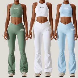 Tenues <span class=keywords><strong>de</strong></span> sport personnalisées pour femmes adultes, <span class=keywords><strong>gym</strong></span>, yoga, <span class=keywords><strong>gymnastique</strong></span>, haut court sans manches, soutien-gorge <span class=keywords><strong>de</strong></span> yoga et ensemble <span class=keywords><strong>de</strong></span> pantalon évasé - Product Image 1