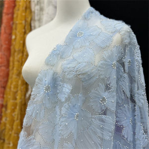 女性ドレステキスタイル生地メッシュポリエステル3D刺繍生地ブライダル花ビーズスパンコール刺繍レースチュール生地 - Product Image 1