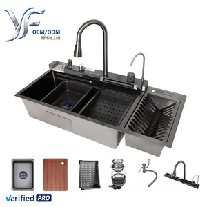 Évier de cuisine monobloc noir de 40 pouces en acier inoxydable YF, nouvelle tendance <span class=keywords><strong>TikTok</strong></span>, double bac, robinet cascade nid d'abeille bionique inclus - Product Image 1