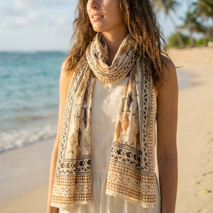 Écharpe en coton marron ivoire en gros, motif poisson artistique, imprimé géométrique noir, châle d'été pour femme, paréo, sarong, enveloppe. - Product Image 1