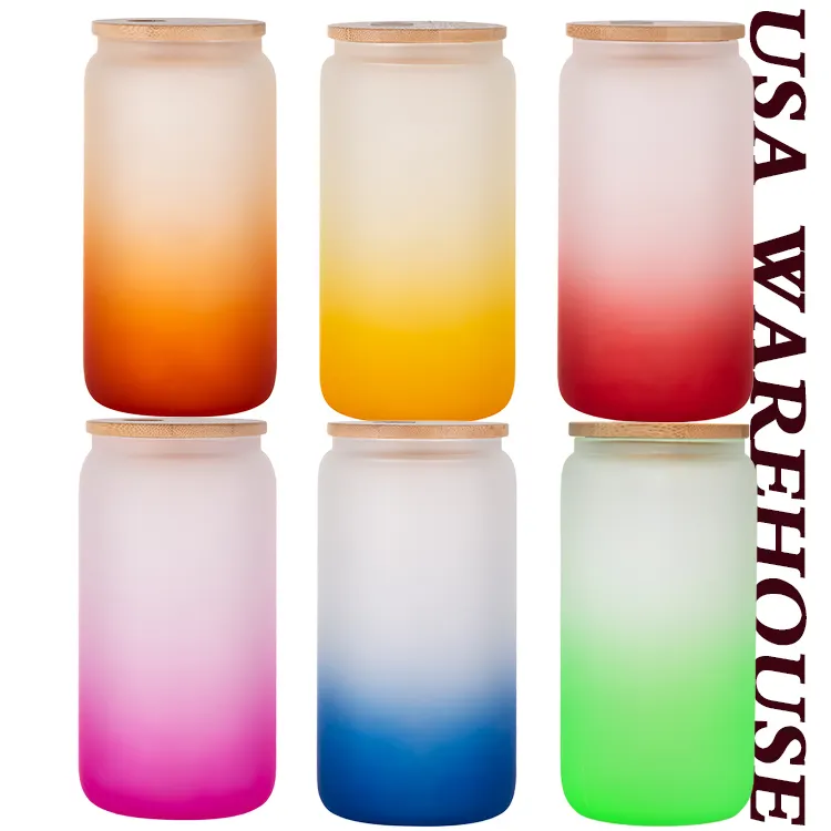 Entrepôt USA 16oz 20oz givré couleur mixte dégradé verre de Sublimation avec couvercle en bambou et pailles