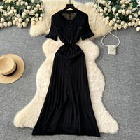 Robe longue moulante décontractée pour femme, tricotée, à manches courtes, boutonnée, fendue, 5 couleurs, TAILLE UNIQUE