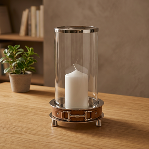 Equestrian Inspired Metal Glass <b>Hurricane</b> Candle Holder with Horse Bit Strap Detail Decorative Tabletop Home Décor <b>Lantern</b> - Product Image 3