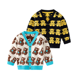 Pull en coton décontracté à col en V pour garçons, à simple boutonnage, chaud pour l'automne, motif ours de dessin animé pour enfants - Product Image 1