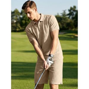 FOXA Mens Textured Polo Shirt And Drawstring Shorts <b>Set</b> Summer Breathable <b>Knitted</b> Outfit For Golf And Casual Wear - Product Image 3