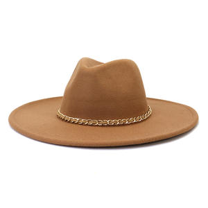 หมวกเฟโดราหนังกลับหลากสี <span class=keywords><strong>SU24</strong></span> ปีกกว้างแบน ตกแต่งด้วยโซ่โลหะสีกากี สำหรับงานปาร์ตี้และการเดินทาง - Product Image 1