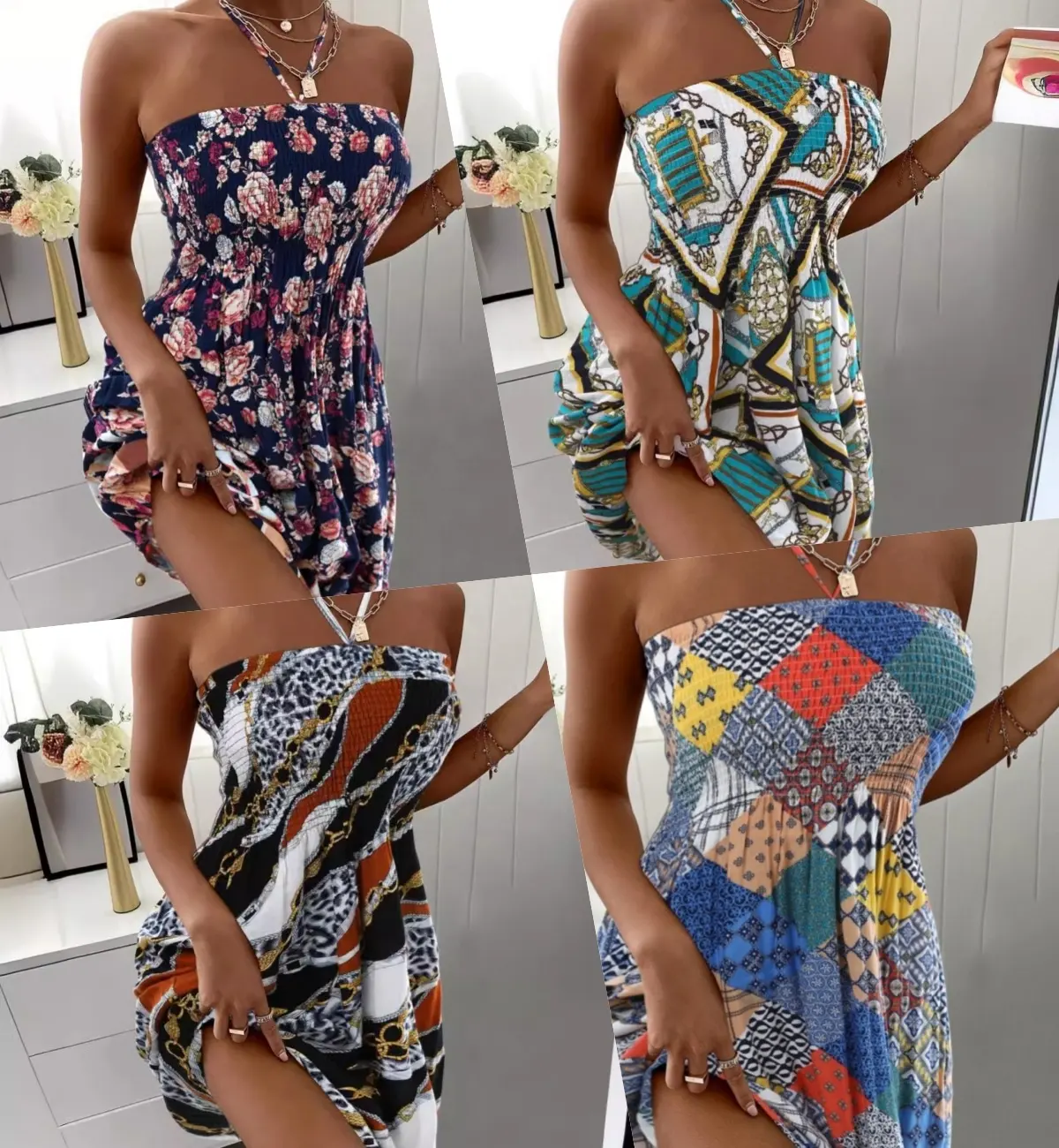 Women's Tropical Print Crisscross Halter Backless Dress Sleeveless Boho Mini Dresses