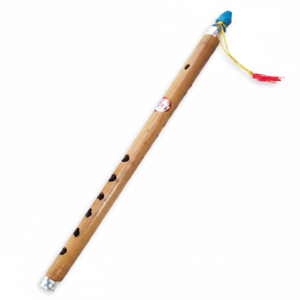 Flûte décorative en bambou avec pompon bleu vif et cordons d'accent rouge, instrument de musique culturel et souvenir - Product Image 1